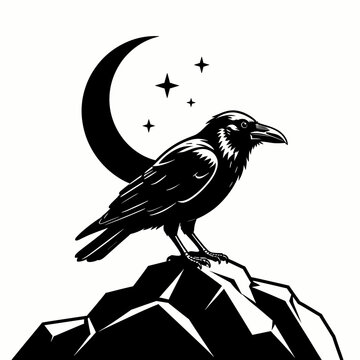 Raven Perched on Mountain Peak under Crescent Moon and Stars