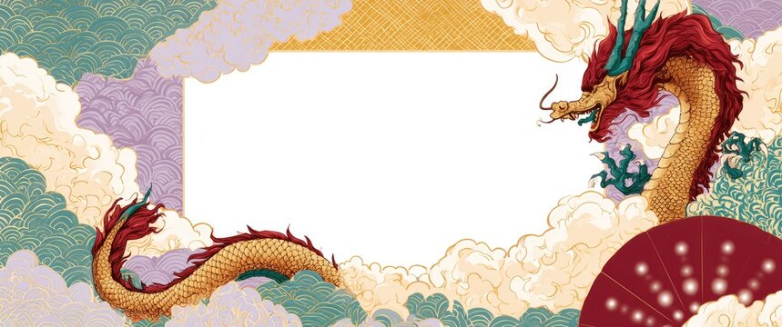 Traditional Chinese Dragon and Fan with Clouds Background.
