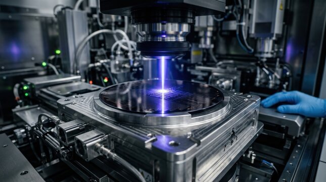Laser etching microchip circuits onto silicon wafer in advanced semiconductor manufacturing equipment.