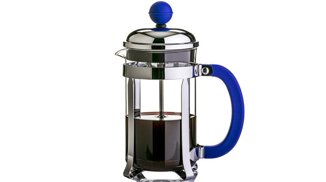 Blue handled glass French press coffee maker with dark liquid, isolated on transparent background