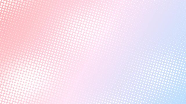 Abstract pastel pink and blue gradient background with white halftone dots. This soft seamless motion graphic loop is perfect for cute presentations and pop art creative backdrops.