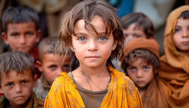 Sad serious Multiethnic poor little children looking at the camera