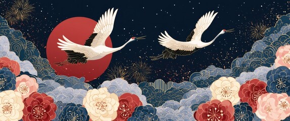 Obraz premium Elegant Cranes Flying Under a Red Sun Amidst Blooming Flowers and Clouds.