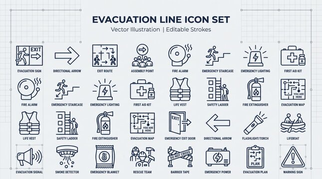 Evacuation Plan Icons on Grid Background