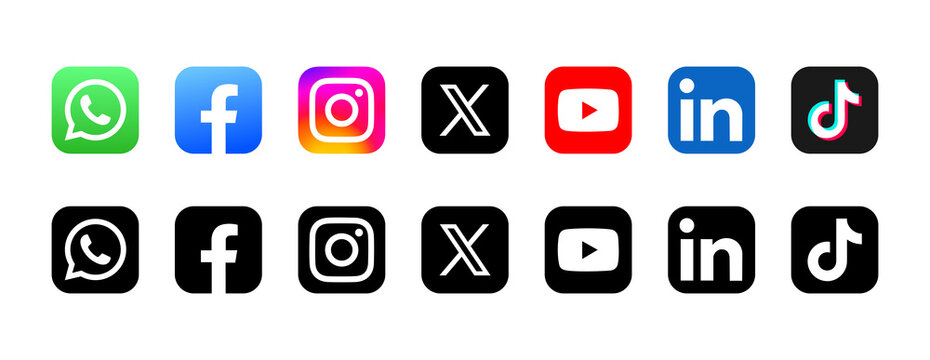 Popular seven social media network logo icons set 2026. WhatsApp, Facebook, Instagram, X (Twitter), YouTube, LinkedIn, TikTok