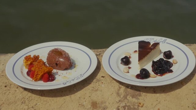 Two plated desserts with berries and sauce on a sunny terrace
