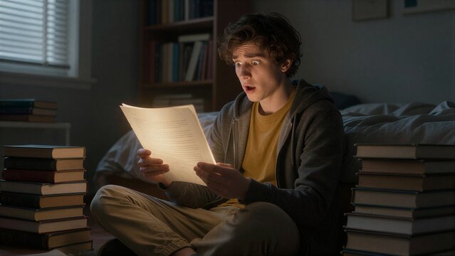 Young man sits surrounded by books, reading with wide-eyed surprise.