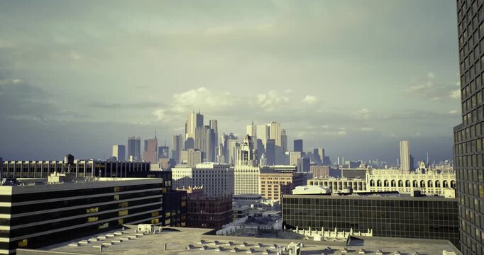 foggy city skyline in soft diffuse light, planner viewpoint noting softened silhouettes and muted tonal range, vintage film feel with desaturated colors
