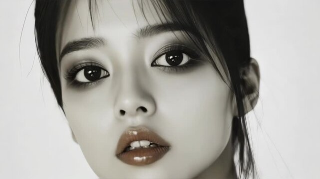 Portrait of a woman with striking makeup and intense gaze. She has dark eyeshadow and red lipstick. Her hair is styled neatly to one side.