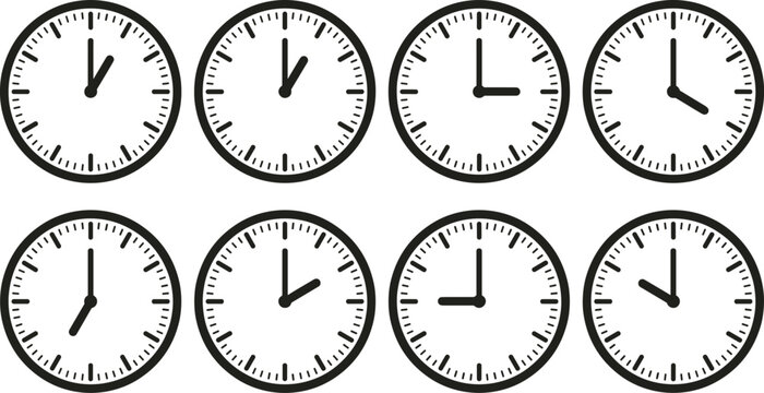 Analog Wall Clock Face Icon Set with Various Hour and Minute Settings showing Different Time Zones Deadline Tracking and Schedule Management Graphic Elements