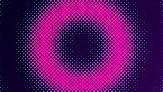 Abstract neon pink and purple halftone dot ripple wave background. This vibrant retro synthwave seamless motion graphic loop is perfect for dynamic pop art creative backdrops.