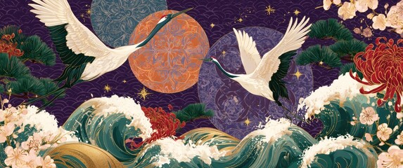 Obraz premium Enchanting Japanese Art - Cranes Soaring Above Waves Under a Celestial Sky.