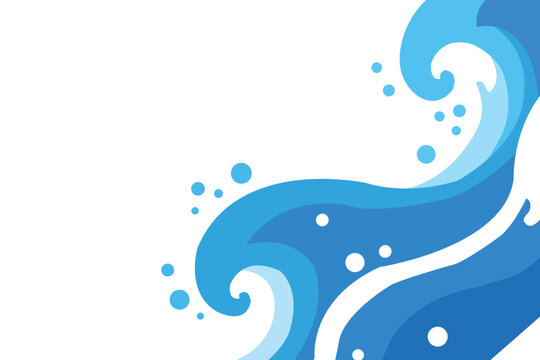 Abstract blue water wave illustration with splashes and bubbles, dynamic sea or ocean flow design element