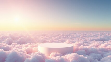 Fototapeta premium Empty cylindrical platform floats above fluffy pink clouds. Soft sunrise colors create serene atmosphere. Minimalist presentation space.