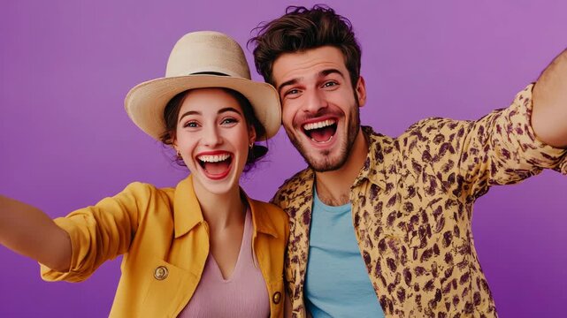 Two people taking a selfie together with bright smiles on their faces. Both are dressed in summery clothing and appear to be enjoying themselves.
