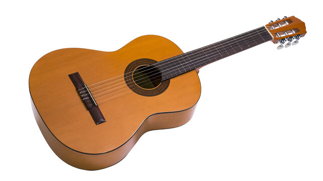Acoustic classical guitar with six strings and wooden body, isolated on transparent background