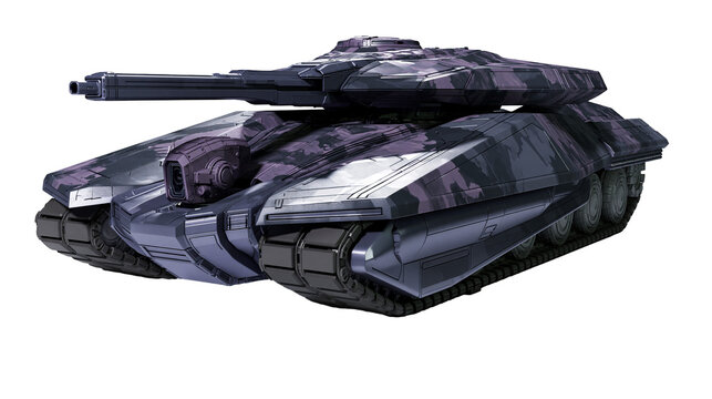 Futuristic dark purple camouflage tank with advanced weaponry, isolated on transparent background