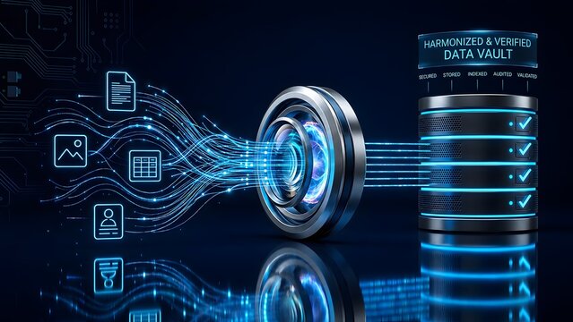 Data harmonization and verification vault showing mixed digital files transforming through metallic portal into secured indexed storage system