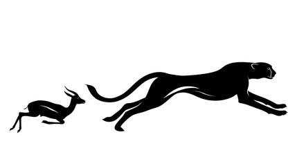 Black cheetah silhouette chasing a gazelle silhouette, isolated on transparent background © pixogram