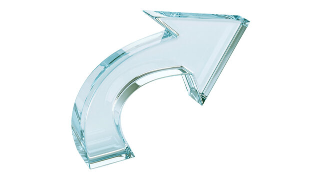 Transparent glass arrow pointing upwards, isolated on transparent background