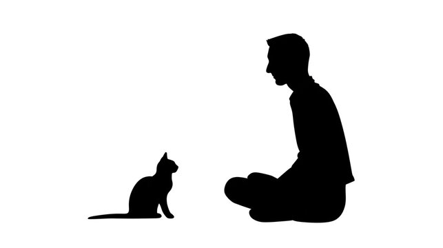 Black silhouette of a man sitting cross-legged looking at a black silhouette of a cat, isolated on transparent background