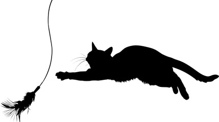 Black cat silhouette reaching for feather toy, isolated on transparent background