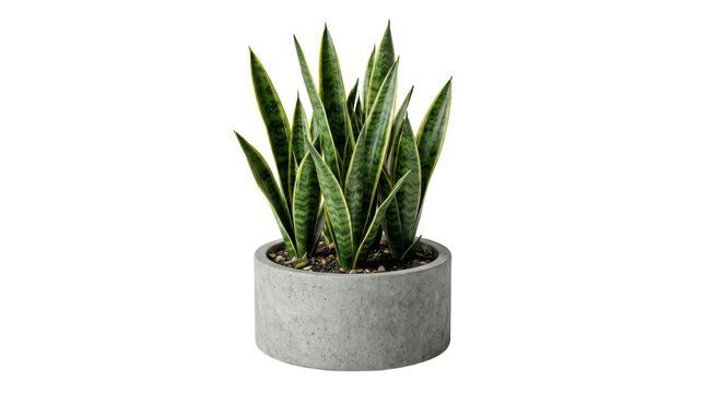 Small snake plant in a round concrete pot for indoor home decoration isolated on transparent background