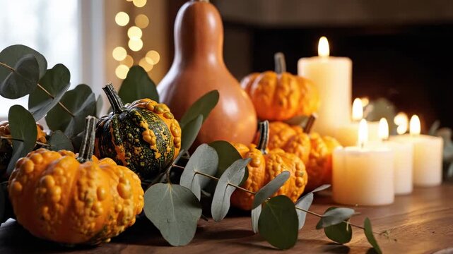 Autumn harvest decoration featuring assorted gourds and pumpkins with eucalyptus leaves and glowing candles, cozy fall atmosphere