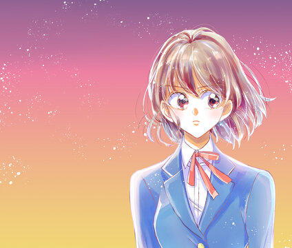女子学生　バストアップ　強気　夕暮れ