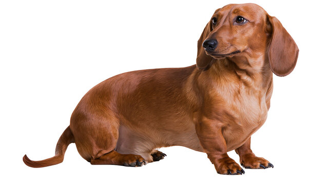 Short-legged brown dachshund dog with long floppy ears, isolated on transparent background