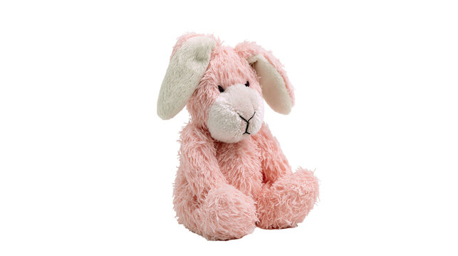 Fluffy pink bunny plush toy sitting pose, isolated on transparent background