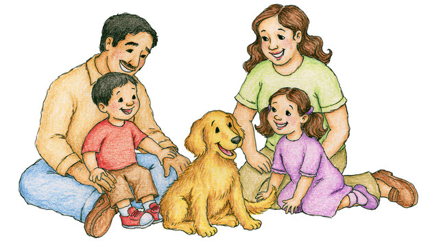 Happy family with father mother son daughter and golden retriever dog, isolated on transparent background