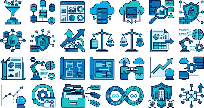 Vector icons for data analysis, cybersecurity, cloud computing, artificial intelligence, automation, and DevOps