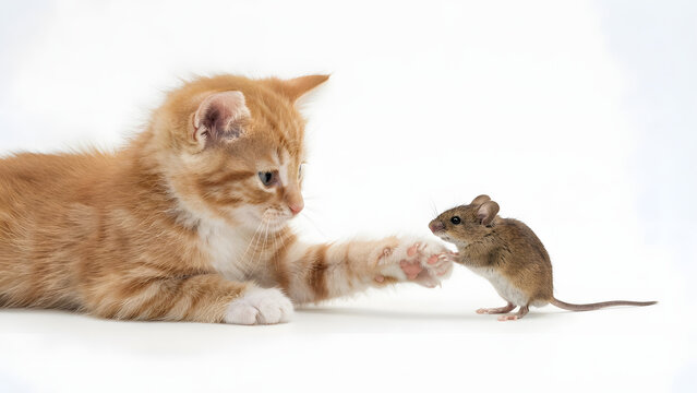 Cute red tabby kitten reaching out paw to a small curious mouse isolated on white background