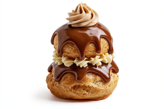 Religieuse au chocolat et pralin&eacute; &agrave; double chou, isol&eacute;e sur fond blanc. Gla&ccedil;age gourmand et brillant coulant &eacute;l&eacute;gamment, sublim&eacute; par un collet de cr&egrave;me dress&eacute;e et un tourbillon pralin&eacute;