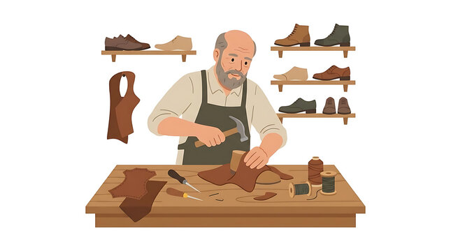 Elderly craftsman shoemaker working at a wooden workbench.