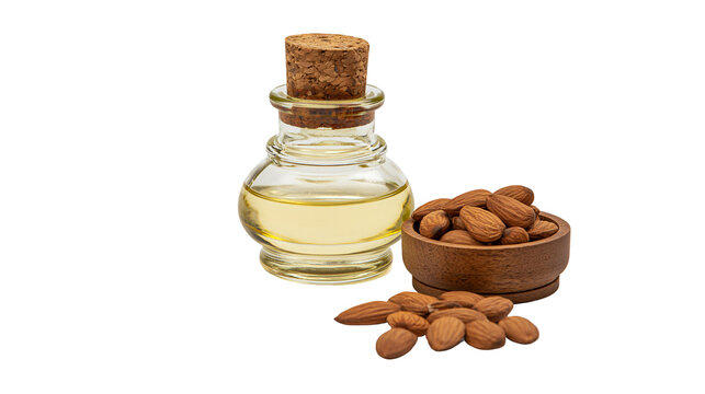 Clear almond oil in corked glass bottle next to wooden bowl of almonds, isolated on transparent background