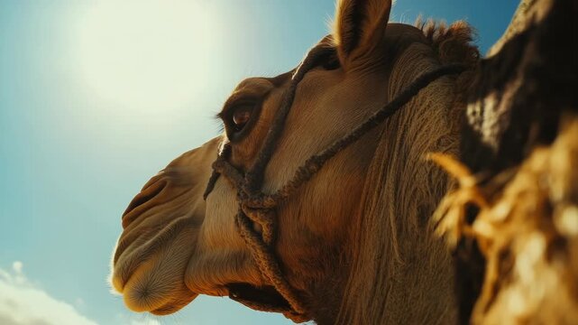 A majestic camel stands against a radiant sunset in the desert.
