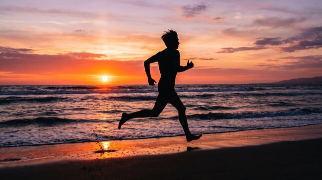 Silhouette of runner jogging on beach at sunset, fitness lifestyle and healthy living concept with ocean waves and colorful sky background