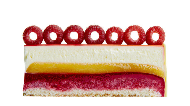 Layered raspberry and mango mousse cake with fresh raspberries, isolated on transparent background