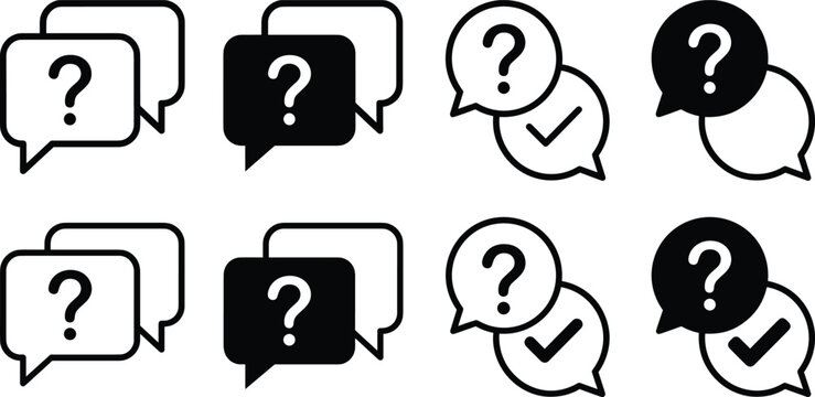 Question and answer speech bubble icon set featuring frequently asked questions faq help desk outline and glyph symbols,