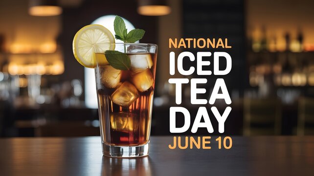 Tall glass filled with cold brown beverage garnished with lemon and mint on a dark bar counter