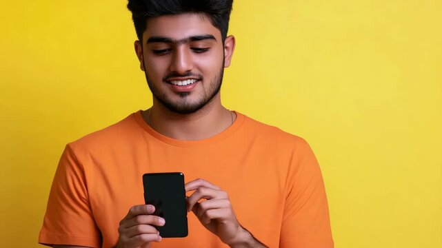 Smiling man in orange t-shirt holding a smartphone.