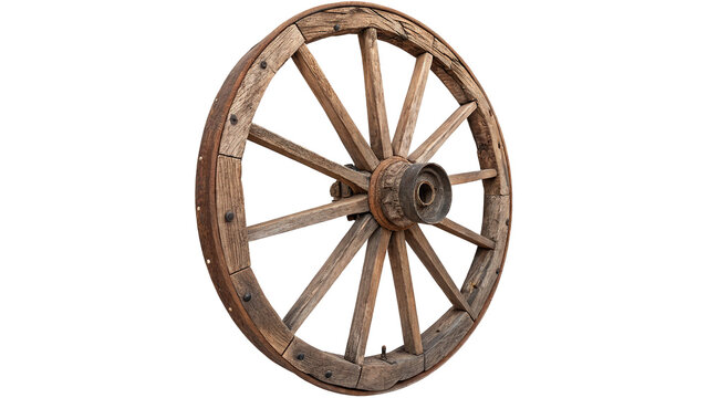 Antique wooden wagon wheel traditional rustic farm carriage element decoration isolated on transparent background cut out