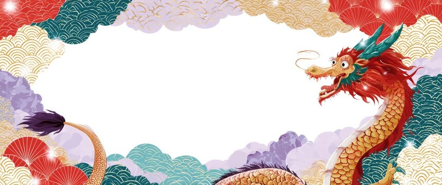 Traditional Chinese Dragon Border with Clouds and Copy Space.