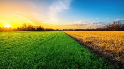Naklejka premium Vibrant Green Blades and Dry Field at Sunset