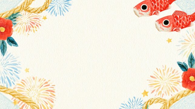 Japanese Festive Frame with Red Fish and Fireworks Illustration.