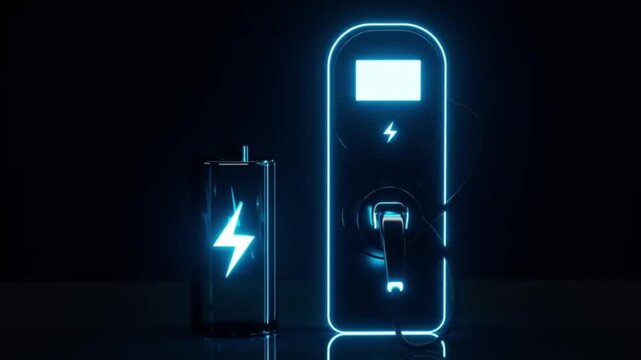 Electric vehicle charger and battery charging concept with glowing neon light energy power glow