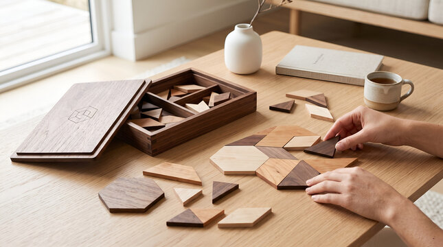 Person solving a luxury wooden puzzle. Hands playing with geometric brain teaser game.
