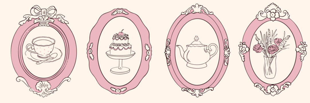 Hand drawn invitations Victorian Baroque tea party. Aesthetic breakfast. Elegant retro frames with teapot, cup, desserts, bouquet. Rococo and Renaissance vector frames for posters, posters
